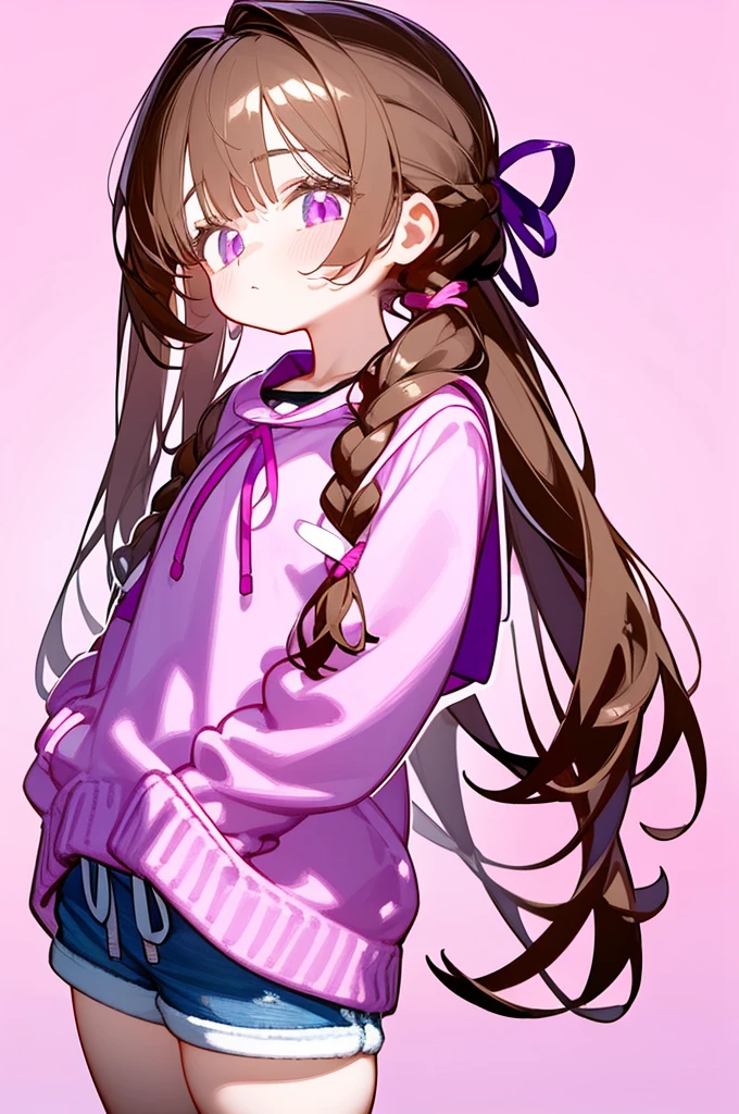 A girl with long brown hair with her hair tied in two backs using a purple ribbon, wearing pink clothes with a collar and long sleeves.Wearing loose shorts she is cute and sweet bust up 