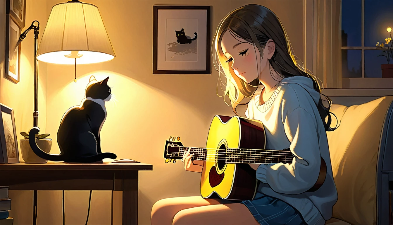 evening,
Girl sitting in a cozy corner, Pulling on the guitar.
The soft yellow light of the desk lamp illuminates her thoughtful expression., Demonstrates deep concentration and a calm demeanor.
Her gentle gaze comforts the heart..
Adds atmosphere to a quiet night, Creates a peaceful and calm atmosphere,Cat and.
