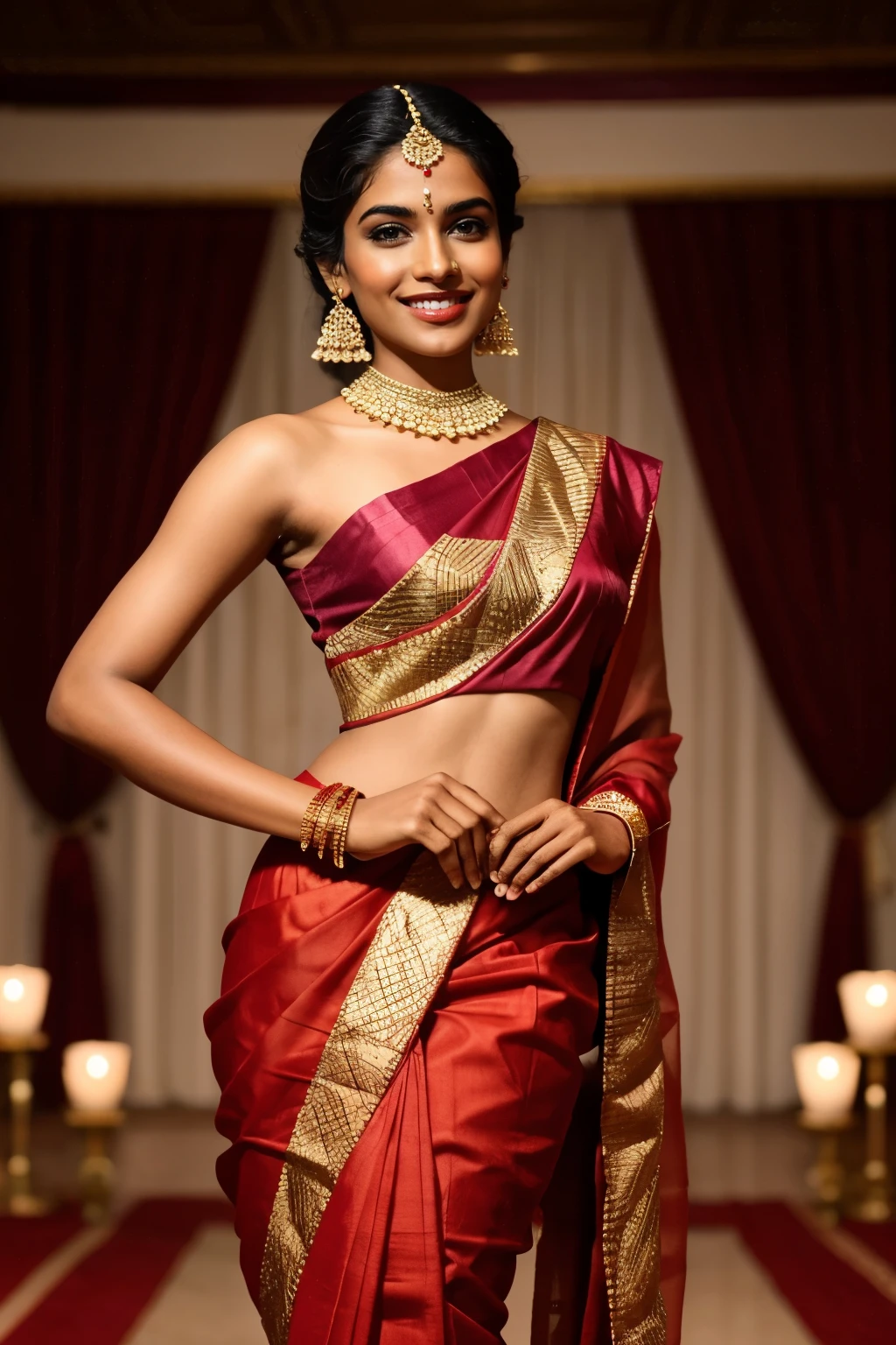 Indian Instagram model, she is in a red sari smiling for the camera, indian super model, traditional beauty, jayison devadas, with an elegant smile, indian, dramatic smile pose intricate, by Max Dauthendey, dressed in a sari, beautiful and smiling, actress, gorgeous woman, 70 mm portrait, stunning beautiful, elegant smiling pose, photoshoot