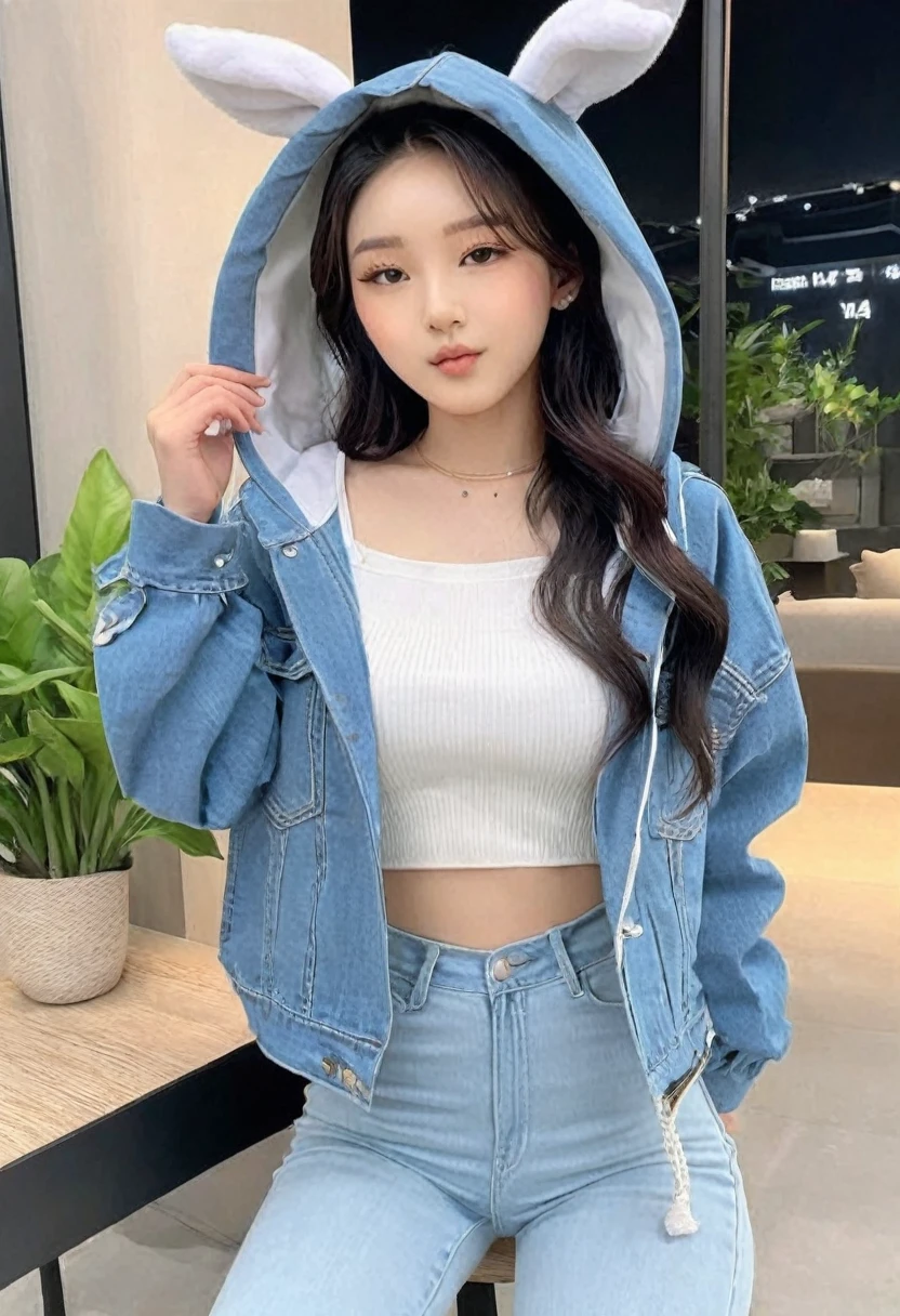((Best high quality:1.2)), (8k), extremely detailed, ((High detail:1.2)), (HotLexi woman), Solo, ((24 years old pretty perfect Korean Ulzzang female:1.4)), ((denim pants, hooded jacket with ears)),,