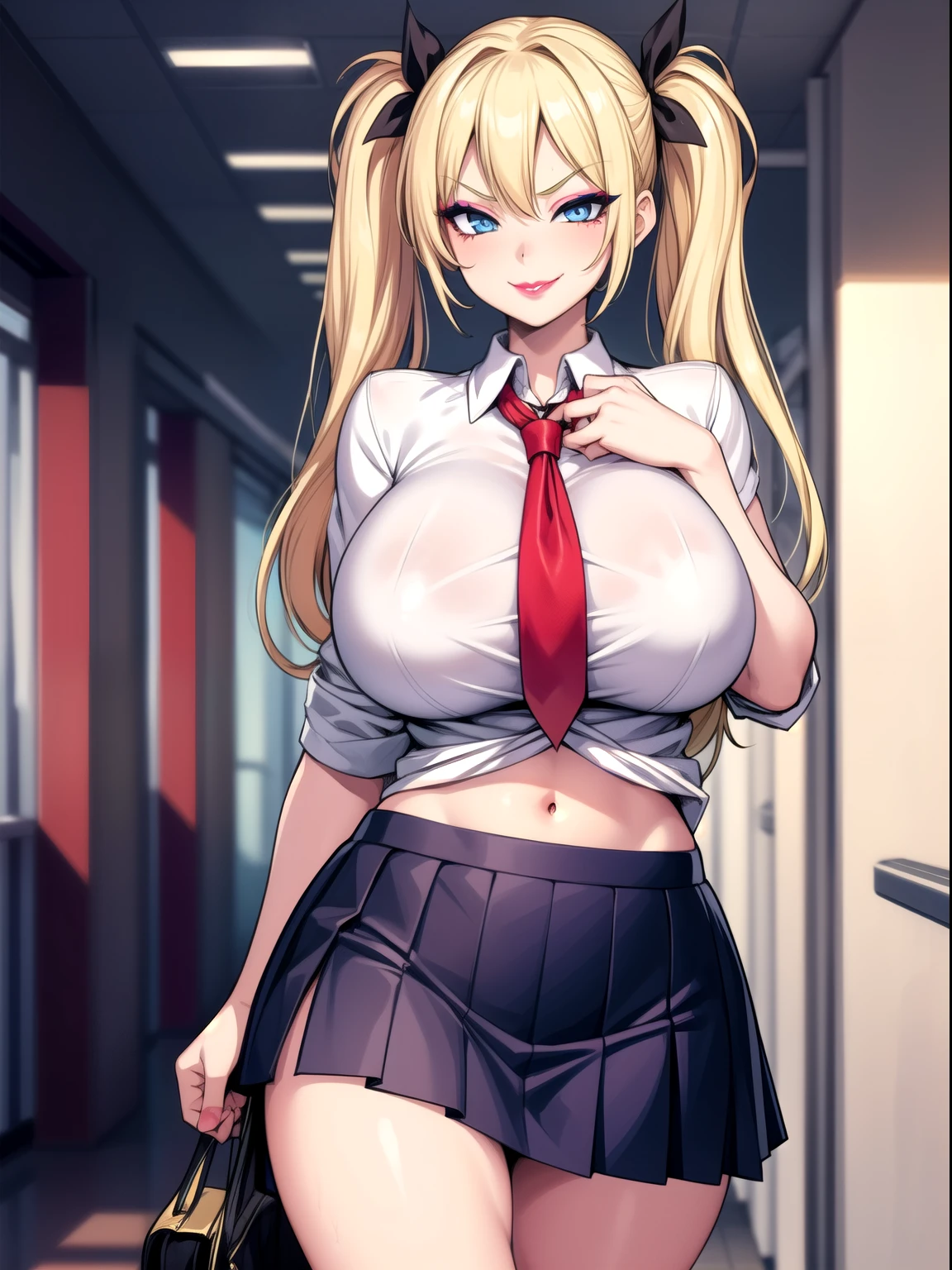 1girl,blonde hair, blue eyes, twintail,huge breasts, ,tight shirt, school uniforms,miniskirt,school hallway, sagging breasts,(makeup:1.1),lipstick ,smirk, groin, navel, low skirt, pubic hair peak