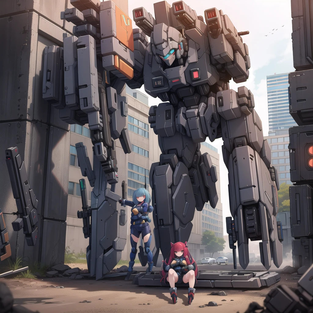 (masterpiece:1.2), best quality, high resolution, extremely detailed CG, absurdres, highres, Sci-fi world where a mecha girl sits inside a machine with giant robot arms and legs on a battlefield, and the girl holds the lever of the machine