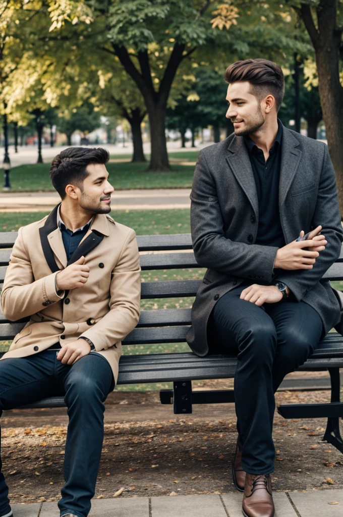 Two men sitting on a bench outside a park chatting 