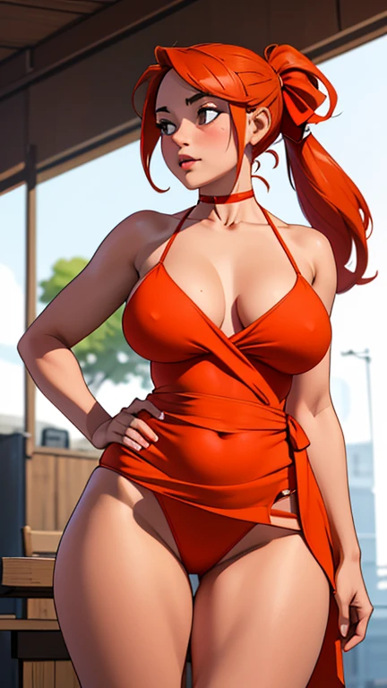 (masterpiece, best quality), 1girl, Orange-red Low Ponytail with Ribbon Wrap, Size B breasts,  bikini,(big breasts: 1.2),(thick thighs: 1.1),dress red