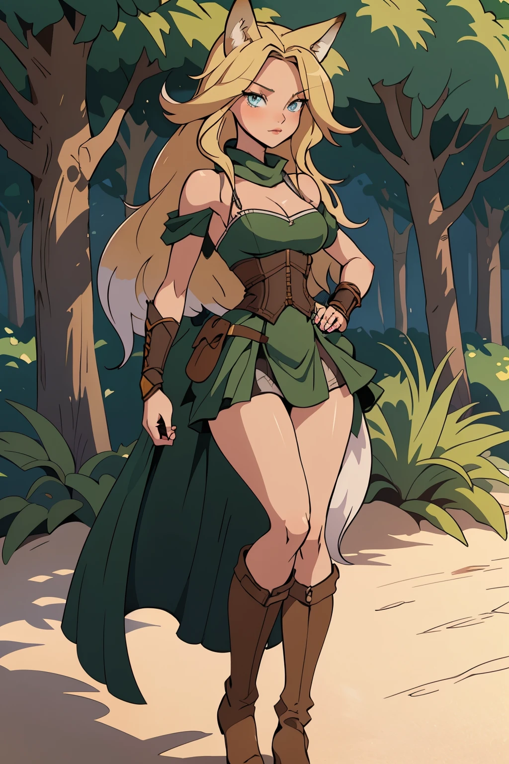 Beautiful 1girl, full body, teenager, solo, (very long waist length blonde hair, straight blonde hair: 1.28), ((light blue eyes)), clear skin, (large darker fox ears: 1.35), pale skin, medium breasts, cleavage, (thin hips, thin waist , athletic body: 1.25), background, looking away, (revealing clothes, brown leather, cowl, cloak, corset, skirt, long boots, buckles, straps, pouches, green fabric, brown leather: 1.1), walking in the sand, masterpiece, best quality,3d rending work ,3DMM style, close-up, portrait, 3D,