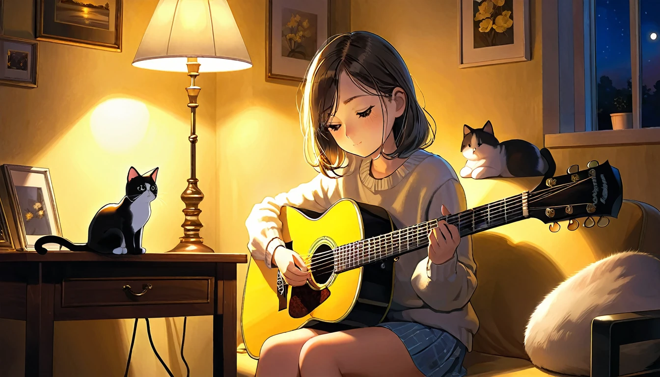 evening,
Girl sitting in a cozy corner, Pulling on the guitar.
The soft yellow light of the desk lamp illuminates her thoughtful expression., Demonstrates deep concentration and a calm demeanor.
Her gentle gaze comforts the heart..
Adds atmosphere to a quiet night, Creates a peaceful and calm atmosphere,Cat and.
