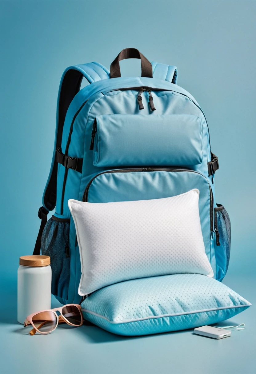 a travel pillow, backpack, sleeping mask on a light blue background, extremely detailed, high quality, photorealistic, 8k, detailed textures, soft lighting, beautiful colors, peaceful atmosphere, (best quality,4k,8k,highres,masterpiece:1.2),ultra-detailed,(realistic,photorealistic,photo-realistic:1.37)