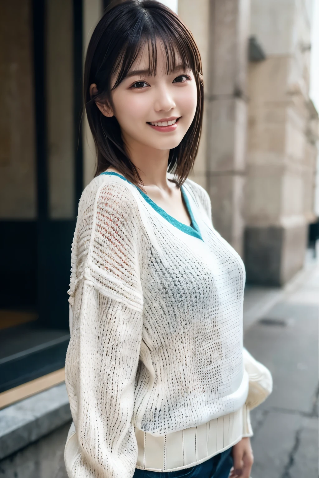 1 Girl, (Wearing a white summer sweater:1.2), Very beautiful Japanese idol portraits, 
(RAW Photos, Highest quality), (Realistic, Realistic:1.4), (masterpiece), 
Very delicate and beautiful, Very detailed, 2k wallpaper, wonderful, finely, Very detailed CG Unity 8K 壁紙, Very detailed, High resolution, Soft Light, 
Beautiful detailed girl, Very detailed目と顔, Beautiful and sophisticated nose, finelyて美しい目, Cinema Lighting, 
(I am doing gravure shoots for fashion magazines.:1.3), (outdoor),
(Medium Hair), 
Complete Anatomy, Slender body, Small breasts, smile