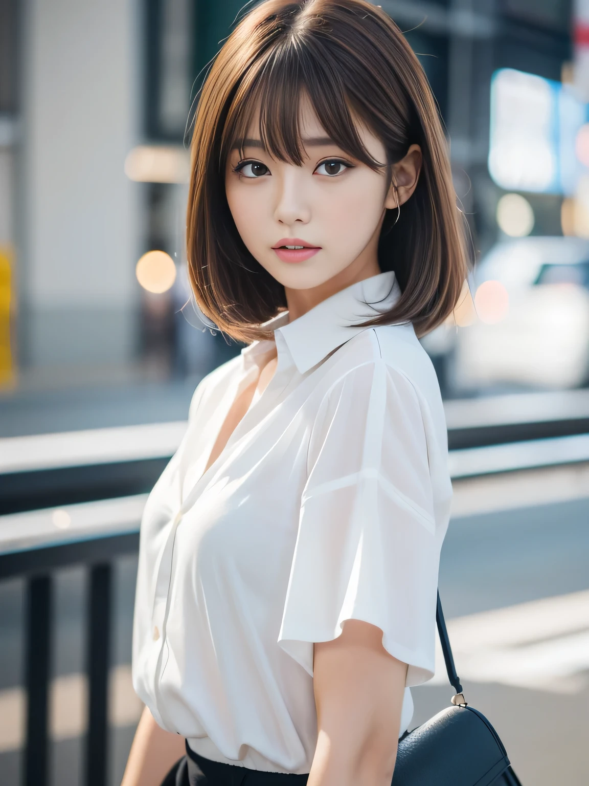Ultra High Definition, Superior Quality, Premier Quality, ultra detailed, Photorealistic, 8k, RAW Photos, highest quality, masterpiece, Attractive girl, Stunning girl, Brown Hair, Shoulder Length Layered, asymmetrical bangs, K-pop Idol, Sophisticated girl, white shirt with collar, Shibuya,