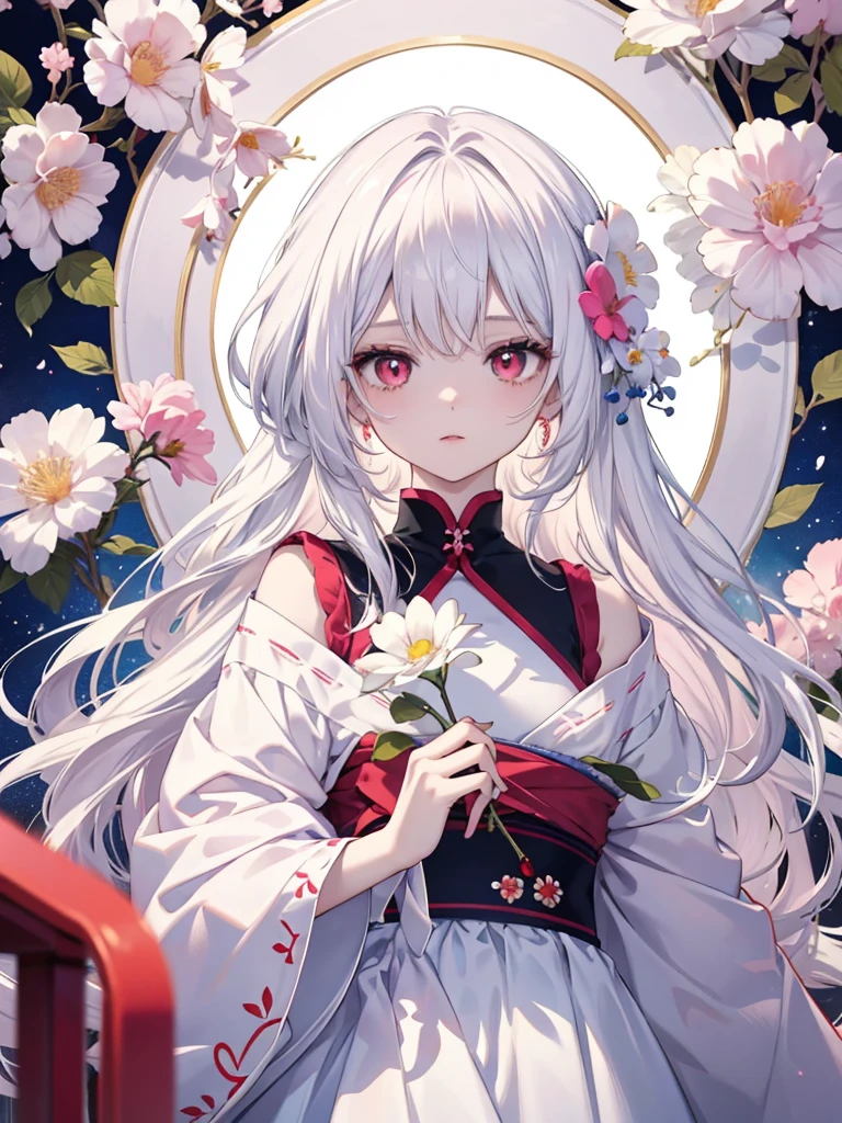 Create a vibrant anime-style illustration featuring a girl with white hair, red eyes, and colorful flowers. The artwork should capture the girl's flowing white hair and striking red eyes in mesmerizing detail, and be bursting with color. Incorporate colorful flowers into the artwork to complement the girl's beauty and add depth to the piece. The finished illustration should be an artistic masterpiece that transports the viewer to a magical world filled with wonder and imagination.