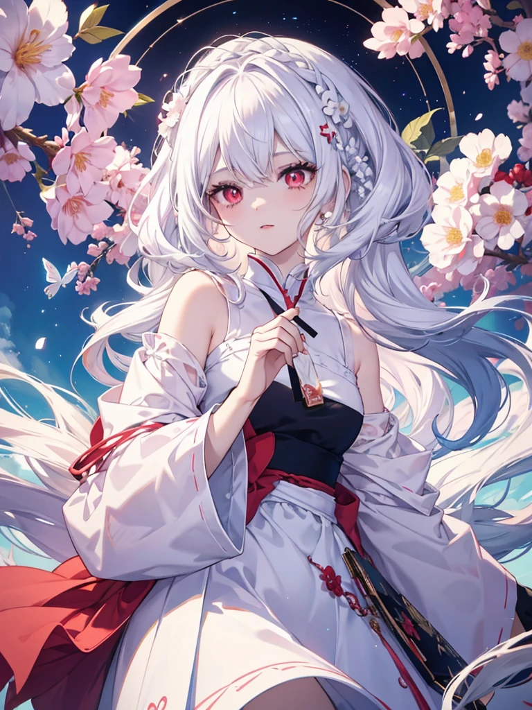 Create a vibrant anime-style illustration featuring a girl with white hair, red eyes, and colorful flowers. The artwork should capture the girl's flowing white hair and striking red eyes in mesmerizing detail, and be bursting with color. Incorporate colorful flowers into the artwork to complement the girl's beauty and add depth to the piece. The finished illustration should be an artistic masterpiece that transports the viewer to a magical world filled with wonder and imagination.