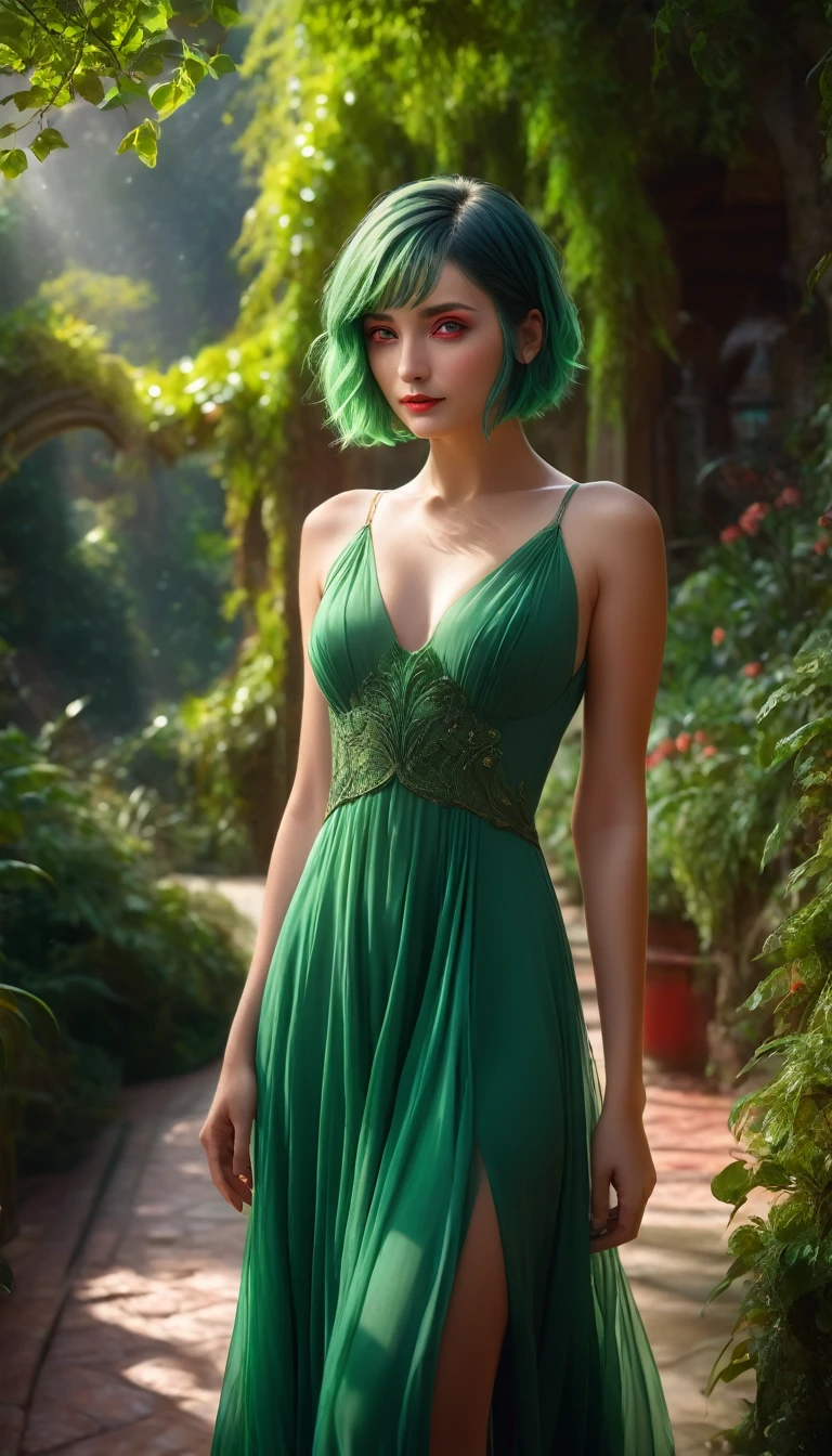 One girl, Green Hair, Red eyes, dress, short hair, (alone:1.3), (Highest quality,4K,8K,High resolution,masterpiece:1.2),Super detailed,(Realistic,photoRealistic,photo-Realistic:1.37),elegant,Complex,Whimsical,Fantasy,Magic,ether,Cinema Lighting,Dramatic Shadows,Vibrant colors,Lush vegetation,Serene atmosphere,Delicate features,Sharp Eyes,Graceful posture,flowing dress,Soft Focus,Warm tones