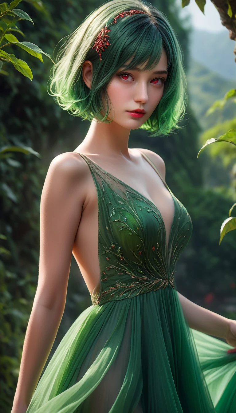 One girl, Green Hair, Red eyes, dress, short hair, (alone:1.3), (Highest quality,4K,8K,High resolution,masterpiece:1.2),Super detailed,(Realistic,photoRealistic,photo-Realistic:1.37),elegant,Complex,Whimsical,Fantasy,Magic,ether,Cinema Lighting,Dramatic Shadows,Vibrant colors,Lush vegetation,Serene atmosphere,Delicate features,Sharp Eyes,Graceful posture,flowing dress,Soft Focus,Warm tones