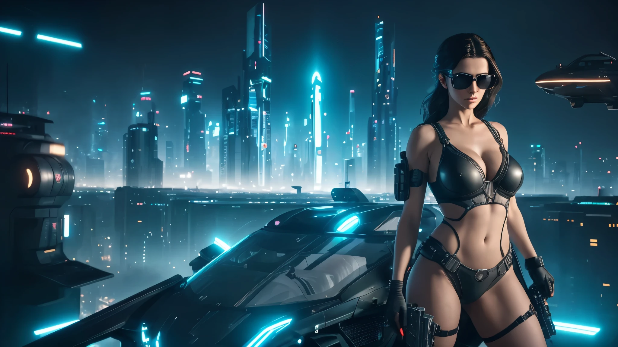 20-year old large-breast woman with cleavage:1.4, 1woman, solo, 3D neon art of a woman's body, matrix style black micro sunglasses, (((aiming with a short gun))), (looking at camera), aerial view of blade runner neon-noir city background, (((flying car) above city)), perfect composition, beautiful detailed intricate insanely detailed octane render trending on artstation, 8K artistic photography, photorealistic concept art, soft natural volumetric cinematic perfect light, chiaroscuro, award-winning photograph, masterpiece, oil on canvas, Raphael, Caravaggio, Greg Rutkowski, Beeple, Beksinski, Giger