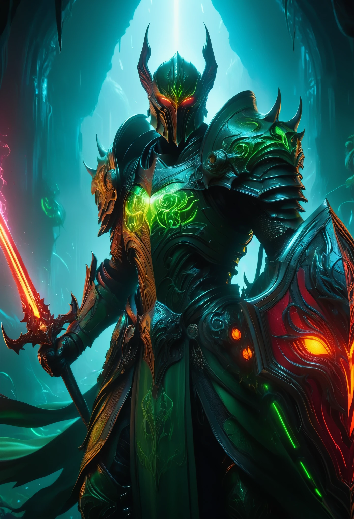 stunning highly detailed portrait of a neon-colored Grimm Knight, (Cthulhu Bishop:1.2), glowing cybernetic armor, ominous presence, dark fantasy, digital art, cinematic lighting, dramatic atmosphere, deep colors, intricate details, masterpiece