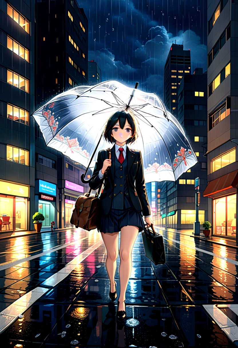 (Umbrella, rain), The scene mainly depicts a person returning from the city at night, dressed in professional attire, walking briskly on the bustling streets of the city, holding a briefcase in one hand and a black umbrella in the other. Her gait is rapid and very resilient, surrounded by high-rise buildings. This is her environment, and the sound of raindrops hitting the umbrella surface interweaves with her footsteps, forming a solo song of returning from the city at night, showcasing the image of walking on rainy nights. The background of the scene is the bustling city and high-rise buildings, (panoramic view), Photography, award-winning, cinematic still, emotional, vignette, dynamic, vivid, (masterpiece, best quality, Professional, perfect composition, very aesthetic, absurdres, ultra-detailed, intricate details:1.3)