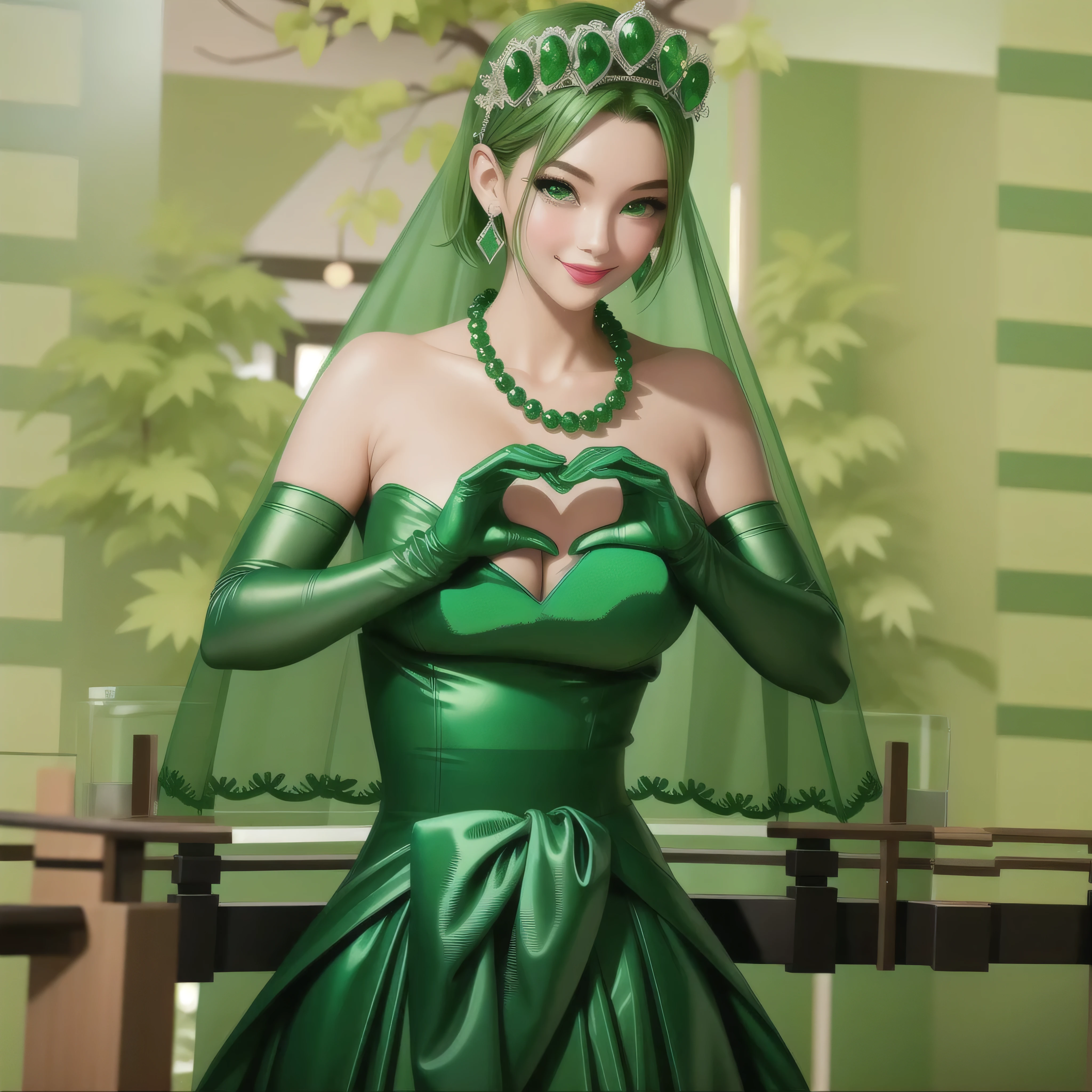 emerald tiara, Green Pearl Necklace, Boyish very short green hair, Green Lips, Smiling Japanese woman, Very short hair, Busty beautiful lady, Green Eyes, Green satin long gloves, Green Eyes, Emerald Earrings, Green veil, Heart with both hands, Green Hair, Beautiful Japanese Woman, Heart shaped hands:1.3, green lip gloss