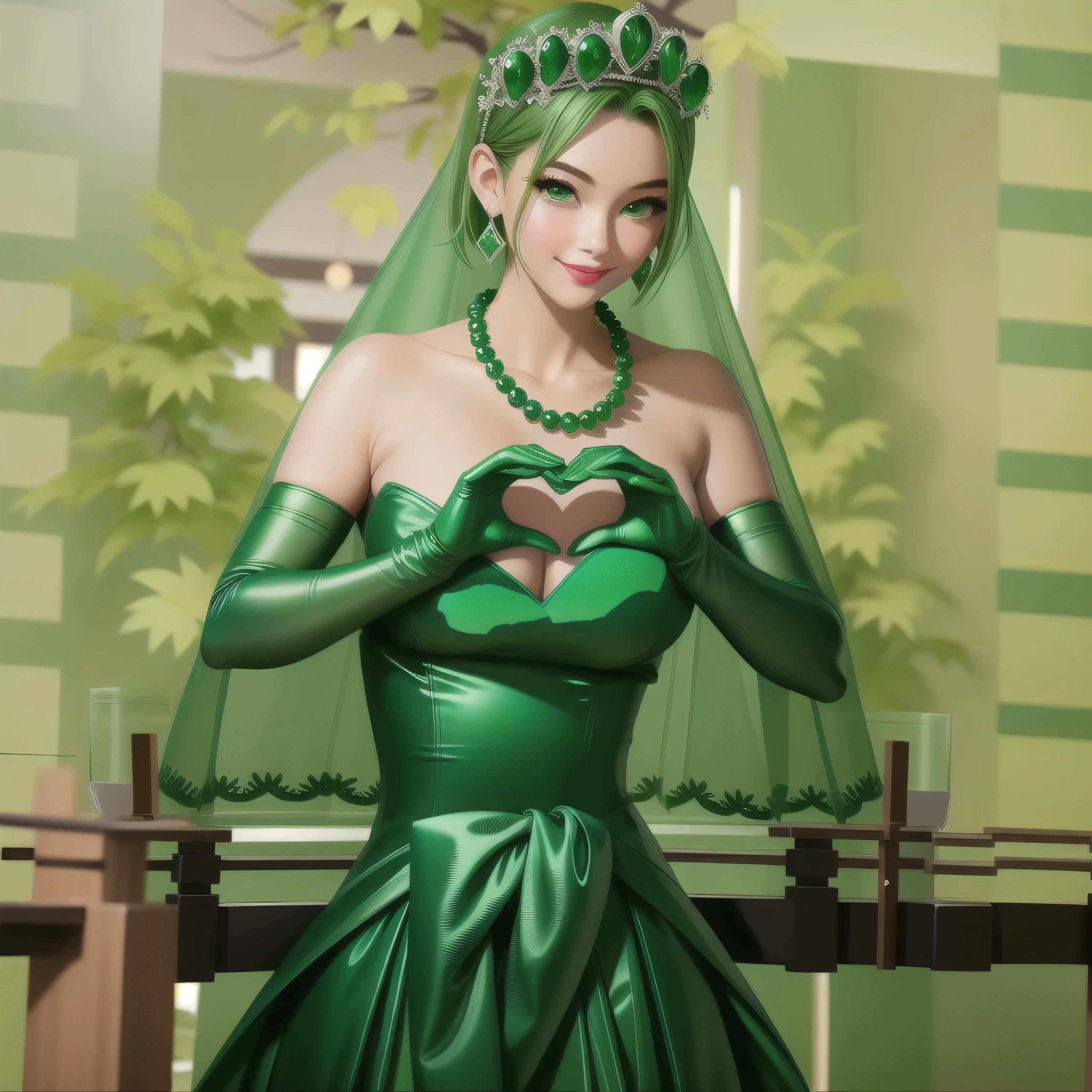 emerald tiara, Green Pearl Necklace, Boyish very short green hair, Green Lips, Smiling Japanese woman, Very short hair, Busty beautiful lady, Green Eyes, Green satin long gloves, Green Eyes, Emerald Earrings, Green veil, Heart with both hands, Green Hair, Beautiful Japanese Woman, Heart shaped hands:1.3, green lip gloss