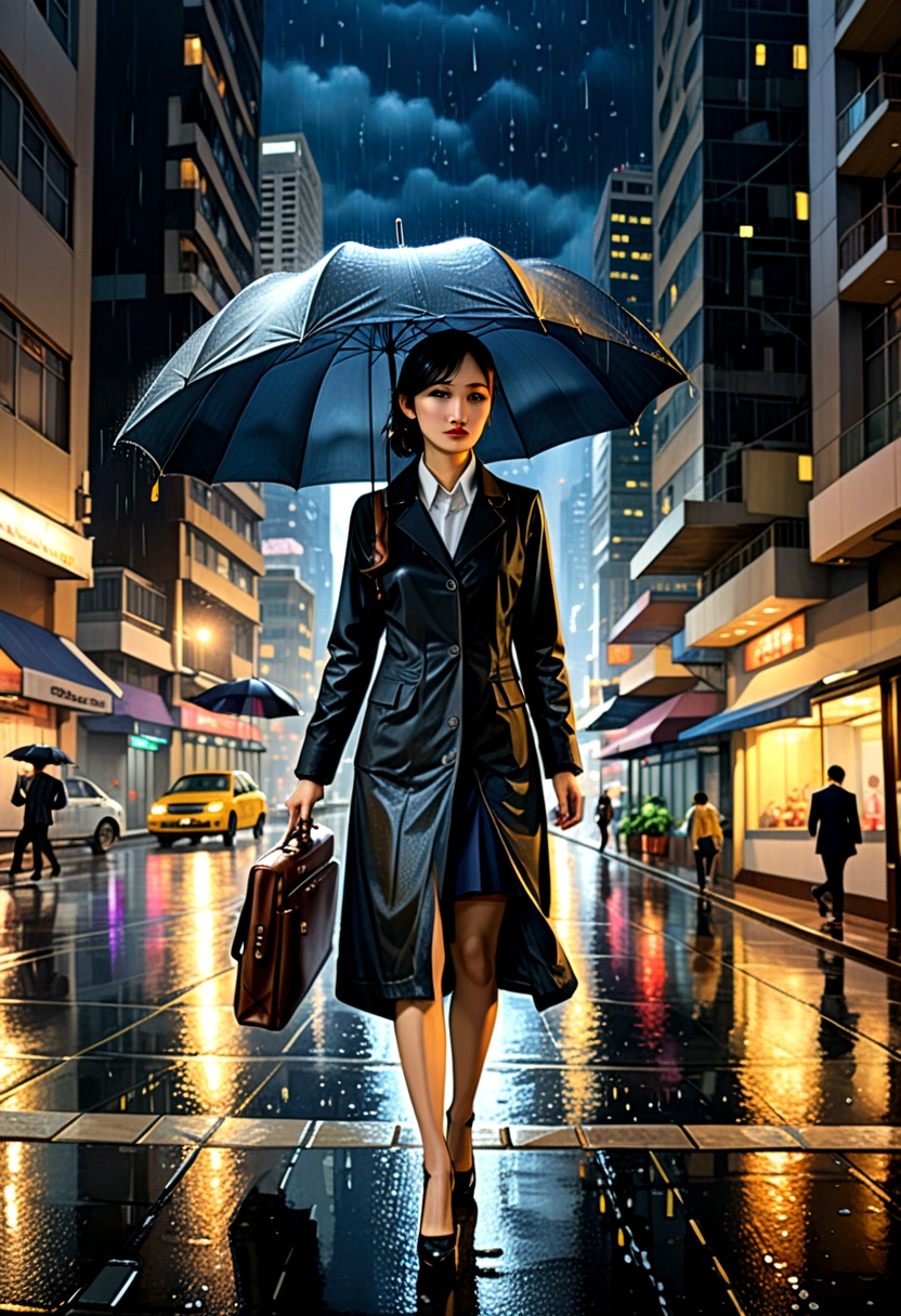 (Umbrella, rain), The scene mainly depicts a person returning from the city at night, dressed in professional attire, walking briskly on the bustling streets of the city, holding a briefcase in one hand and a black umbrella in the other. Her gait is rapid and very resilient, surrounded by high-rise buildings. This is her environment, and the sound of raindrops hitting the umbrella surface interweaves with her footsteps, forming a solo song of returning from the city at night, showcasing the image of walking on rainy nights. The background of the scene is the bustling city and high-rise buildings, (panoramic view), Photography, award-winning, cinematic still, emotional, vignette, dynamic, vivid, (masterpiece, best quality, Professional, perfect composition, very aesthetic, absurdres, ultra-detailed, intricate details:1.3)