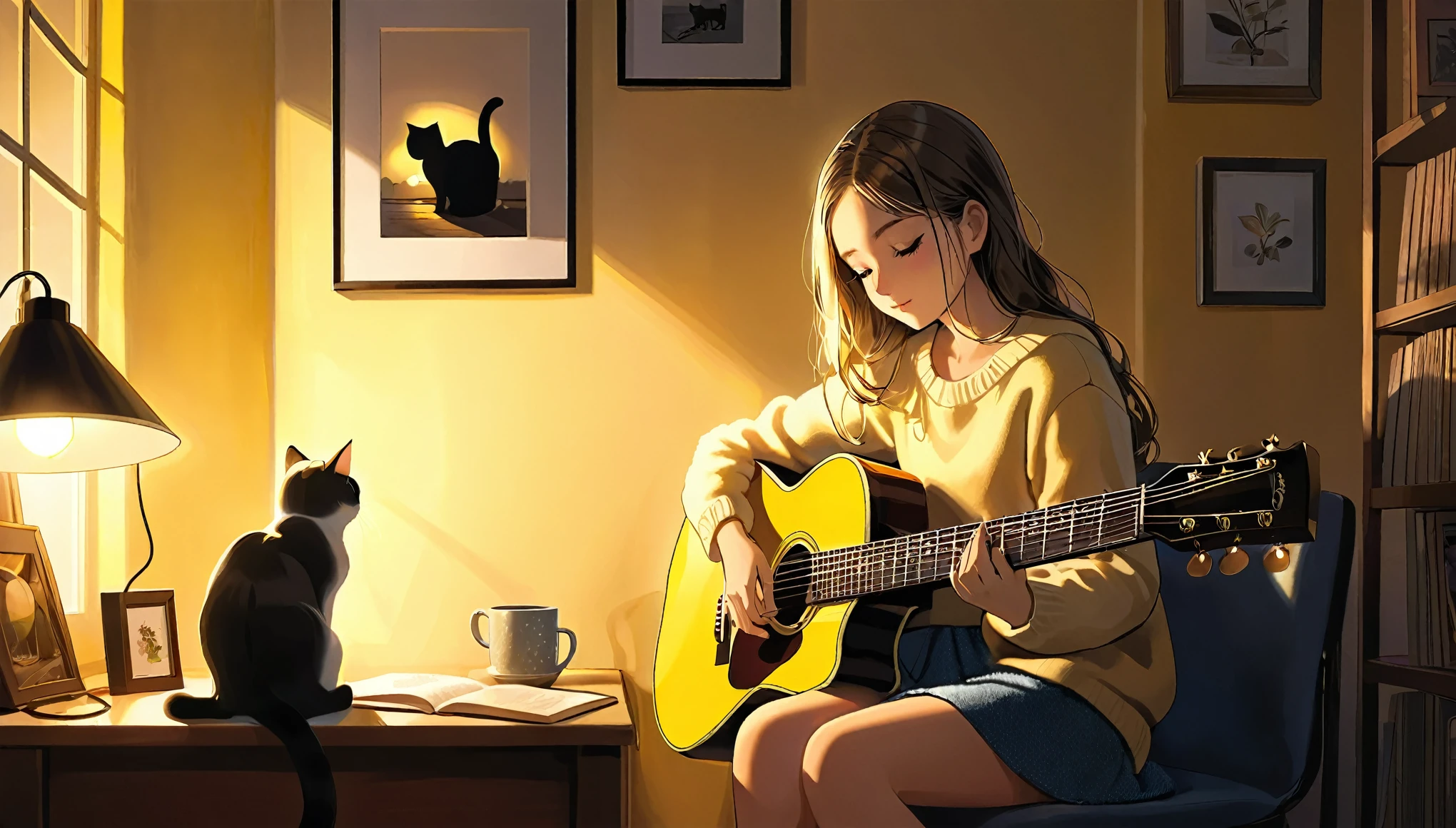 evening,
Girl sitting in a cozy corner, Pulling on the guitar.
The soft yellow light of the desk lamp illuminates her thoughtful expression., Demonstrates deep concentration and a calm demeanor.
Her gentle gaze comforts the heart..
Adds atmosphere to a quiet night, Creates a peaceful and calm atmosphere,Cat and.
