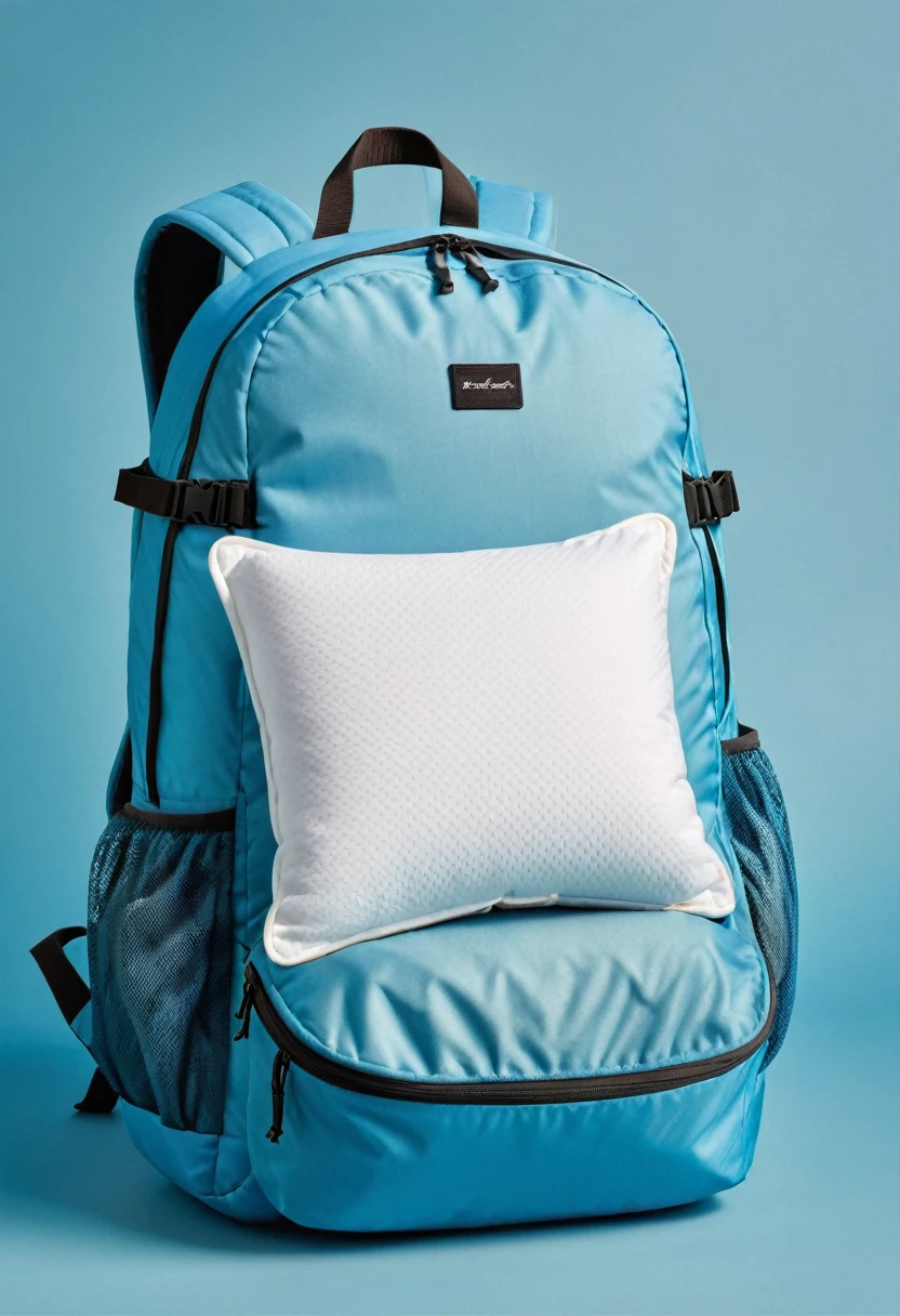 a travel pillow, backpack, sleeping mask on a light blue background, extremely detailed, high quality, photorealistic, 8k, detailed textures, soft lighting, beautiful colors, peaceful atmosphere, (best quality,4k,8k,highres,masterpiece:1.2),ultra-detailed,(realistic,photorealistic,photo-realistic:1.37)
