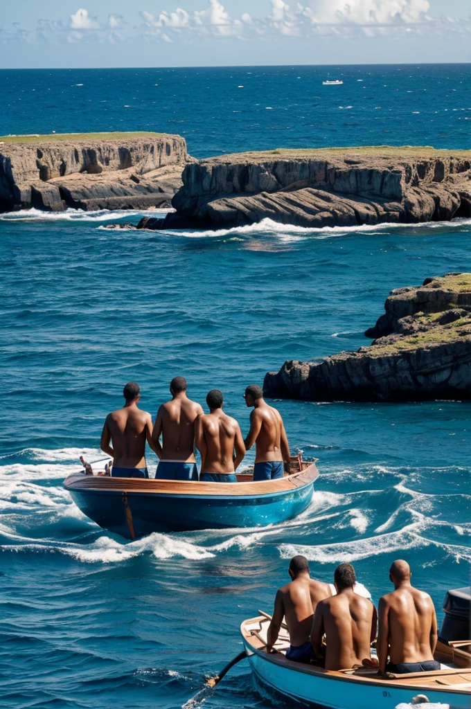 Farewell to the Island:

A final image of the 4 men looking at the island from the boat, with expressions of relief and reflection, leaving behind a place that changed their lives forever.