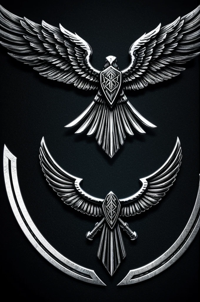 Logo with text " valkyrie " in the center On the sides of the text some wings simulating being part of the text At the bottom of the text place the rune of protection and destiny Black background