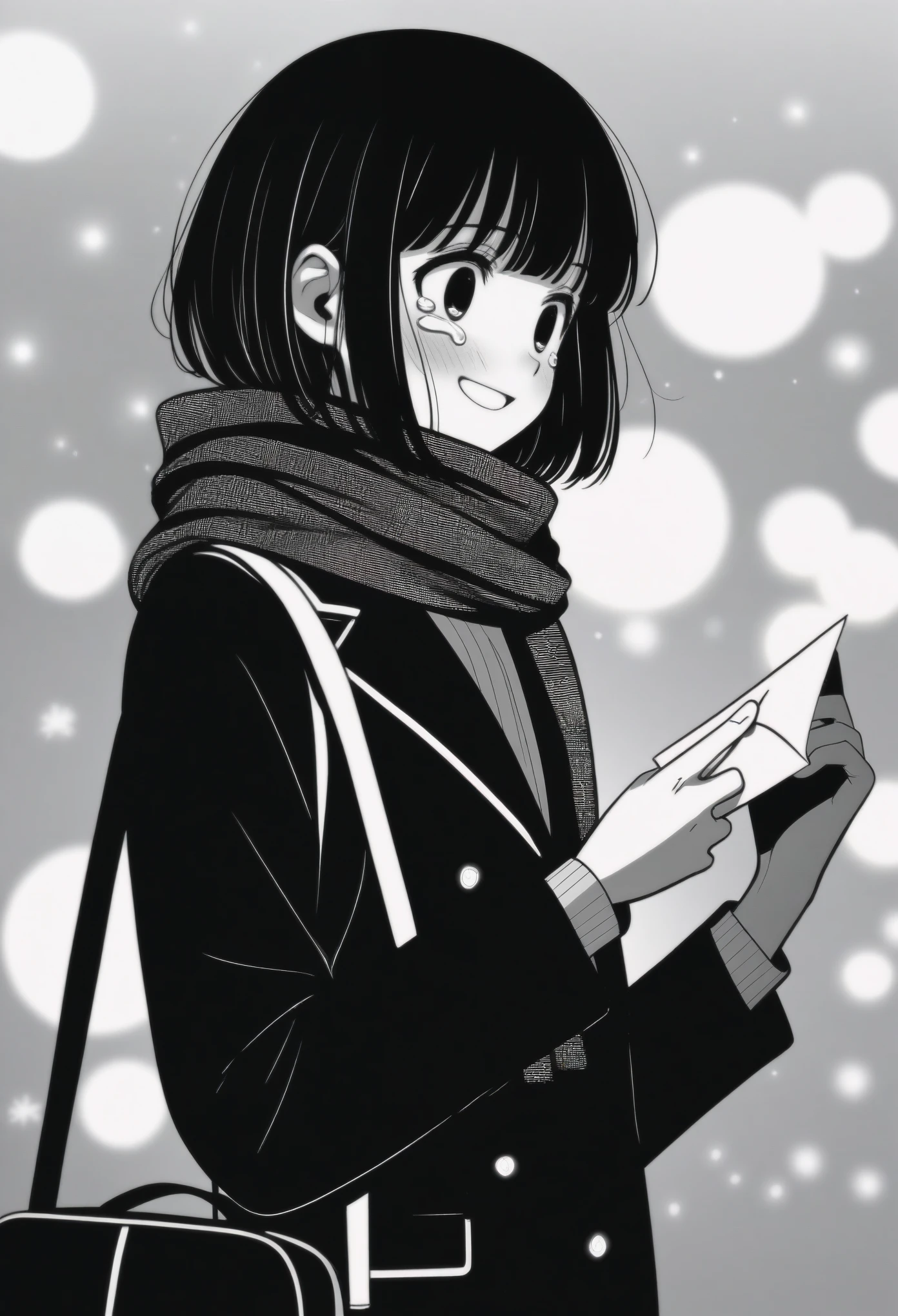 masterpiece, best quality, 1girl, mamerakkkkko, grayscale, manga style, japanese, chi no wadachi, black eyes, street, iced, black hair, schoolbag, smile, lineart, black coat, black scarf, black pleated skirt, leggings, centered, 18 years old, tall, fair skinned, bokeh background, crying, tears, tears streaming, bob cut, light particles, from side, snowing, (((holding envelope, perfect hand, detailed hand:1.1)), emotional anime scene
