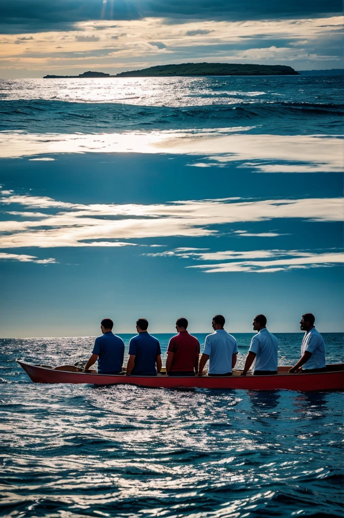Farewell to the Island:

A final image of the 4 men looking at the island from the boat, with expressions of relief and reflection, leaving behind a place that changed their lives forever.