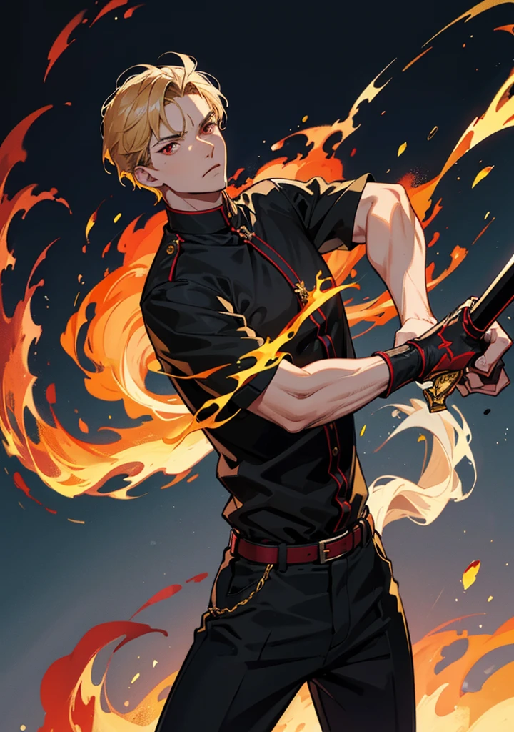 A man, short gold hair, red eyes in black shirt and trousers, hold a big black sword in both hand, figting position, fire around him