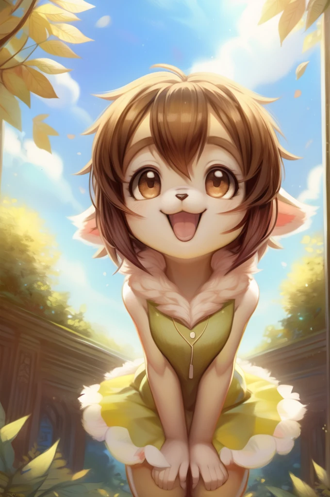 by woolrool,,, Kari_Kamiya furry, detailed and extremely fluffy body fur, fluff, masterpiece, looking up beautiful surroundings, detailed background, happy, leaf-dress, short stature, sexy anthro