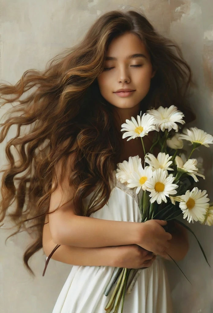 Create an image of a young woman with long wavy brown hair, with white dress. She is hugging an artful arrangement of flowers on her chest. The semi-profile pose features one arm raised, holding the flowers near the face, and the other hand positioned lower. The setting should have soft, diffused lighting and muted earthy tones.