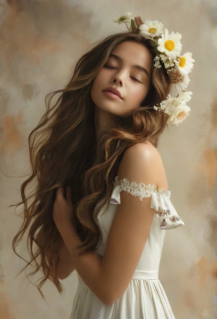 Create an image of a young woman with long wavy brown hair, with white dress. She is hugging an artful arrangement of flowers on her chest. The semi-profile pose features one arm raised, holding the flowers near the face, and the other hand positioned lower. The setting should have soft, diffused lighting and muted earthy tones.
