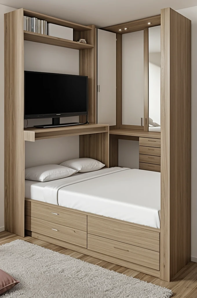 Make a bedroom that has a dressing table, the.bed, television and nightstand that measures 2.95 m de thergo, 4 m wide and 2.20 meters high