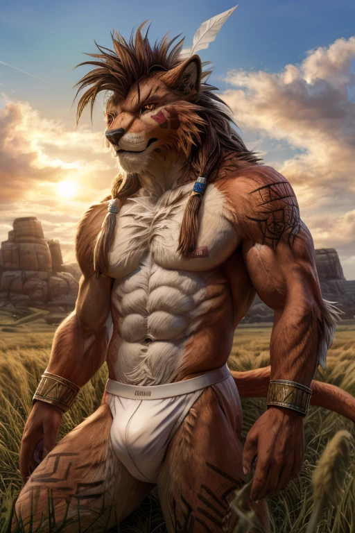 RedXIII (Final fantasy),male,Adults,Solitary,4K,Best quality,best quality,Looking at the audience,,Topless,not wearing clothes,muscular,Bare chest,Fluffy tail,Chest muscles,Pink nipples, Six-pack abs, Biceps, 弯曲Biceps, Anatomically correct,Delicate fur,pride,Soft shadows,Majestic,High quality eyes,Brown eyes,Yellow pupils,Grandiose,brave,underwear,grassland,Blue sky and white clouds,sun