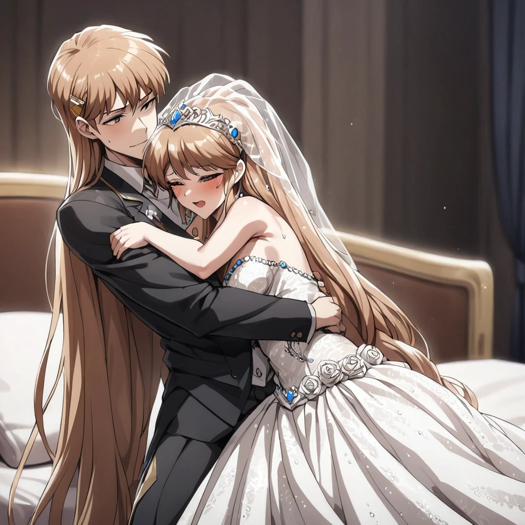 ((Highest quality)), ((masterpiece)), (detailed), (Perfect Face)、The woman is Princess Leona, who is having sex with a strong, dignified, old, male general who is a villain. She has medium-long light brown hair, and is wearing a gorgeous, glittering, jeweled wedding dress and wedding veil. She is embracing and having sex with the strong, dignified, old, male general in a luxurious bed.、The woman has medium-long hair, is brainwashed, has no expression, and has no highlights in her eyes.
