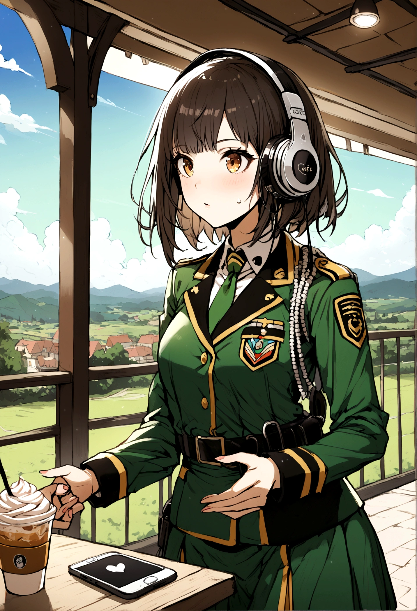 1 Female, uniform,smartphone,Broken Heart,Landscape,Cafe,Headphones