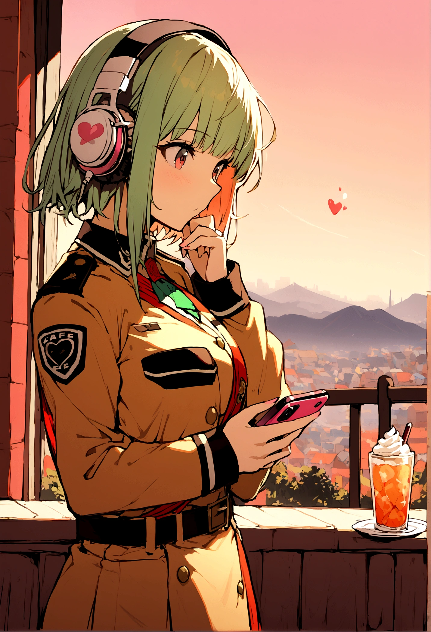 1 Female, uniform,smartphone,Broken Heart,Landscape,Cafe,Headphones