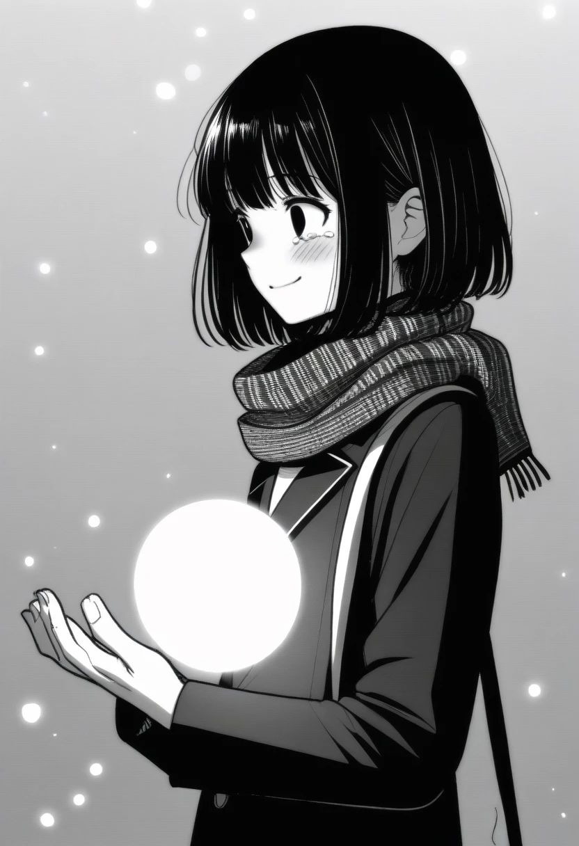 masterpiece, best quality, 1girl, mamerakkkkko, grayscale, manga style, japanese, chi no wadachi, black eyes, street, iced, black hair, schoolbag, smile, lineart, black coat, black scarf, black pleated skirt, leggings, centered, 18 years old, tall, fair skinned, bokeh background, crying, tears, tears streaming, bob cut, light particles, from side, snowing, (((holding glowing orb, perfect hand, detailed hand:1.1)), emotional anime scene
