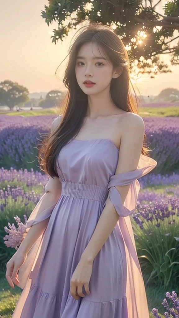 (hyperrealistic), (8K), 1 young girl, (beautiful detailed eyes), (beautiful detailed lips), (extremely detailed face), (long eyelashes), (soft smooth skin), (Supermodel body), (supermodel measurements), (wear Dress with a high slit), (in the lavender field), (stand Looking over your shoulder:1.2), (vivid colors), (bright sunlight), (subtle shadows), (gentle breeze), (butterflies fluttering around), (delicate lavender scent), (dewdrops on flowers), (tall green grass), (lush purple lavender bushes), (golden sunset), (soft warm glow), (dreamlike atmosphere), (crisp clear details), (high definition), (natural lighting), (impeccable quality), (ultra-fine painting), (romantic and serene), (postcard-worthy scene), (captivating beauty), (innocence and youthfulness), (sublime elegance), (timeless charm), (ethereal mood), (artistic masterpiece), (mesmerizing composition), (flawless artistry), mix4