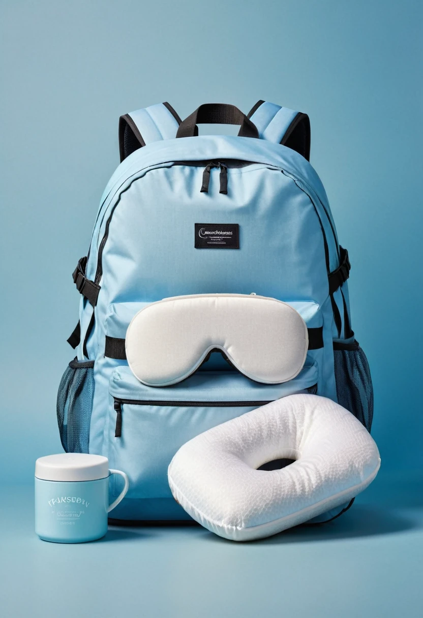 a travel pillow, backpack, sleeping mask on a light blue background, extremely detailed, high quality, photorealistic, 8k, detailed textures, soft lighting, beautiful colors, peaceful atmosphere, (best quality,4k,8k,highres,masterpiece:1.2),ultra-detailed,(realistic,photorealistic,photo-realistic:1.37)