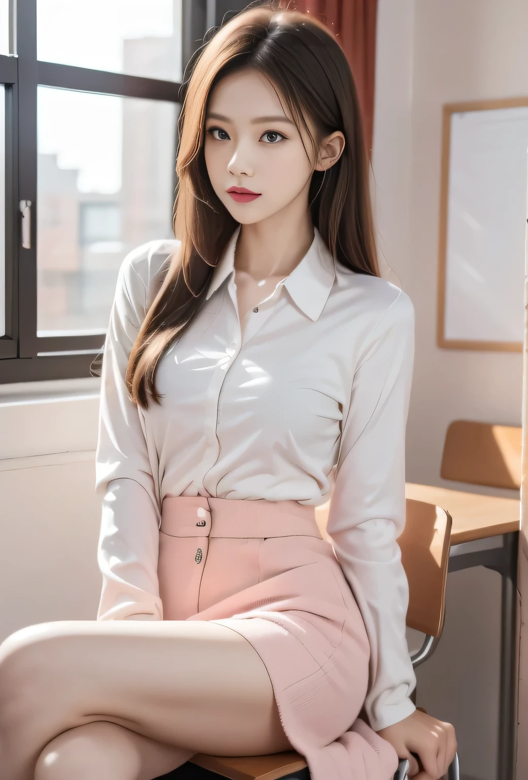 Kyoko DG, 1 girl, tie, solitary, jacket, shirt, Looking at the audience, Long sleeve, white shirt, collared shirt, sit on the chair, classroom, Pink blood,