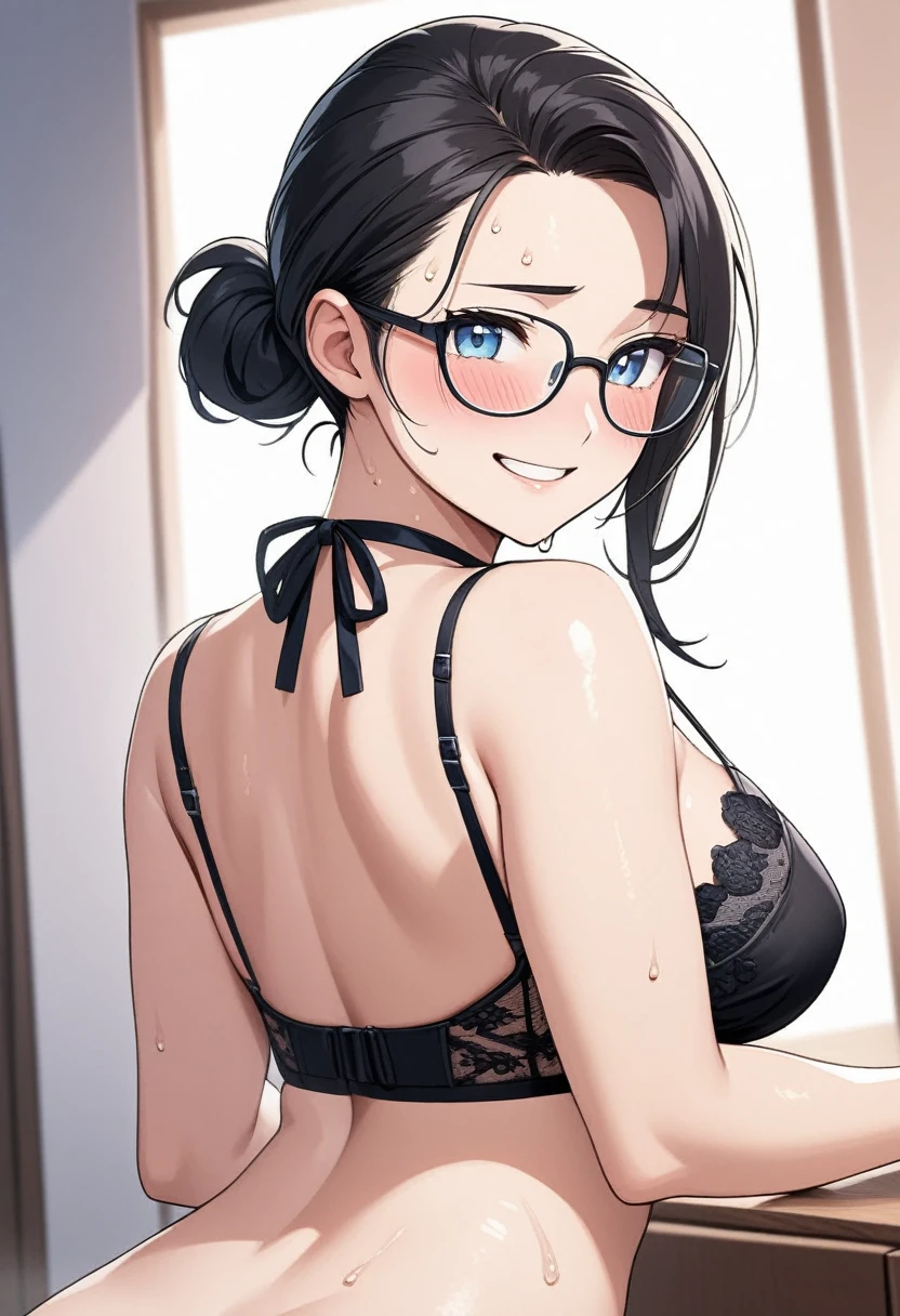 Adult female, highly detailed, glasses, short black hair tied back, blue eyes, smile, bedroom, sexy lingerie, non-nude, sfw, perfect eyes, high quality, nervous, sweaty, happy, blushing