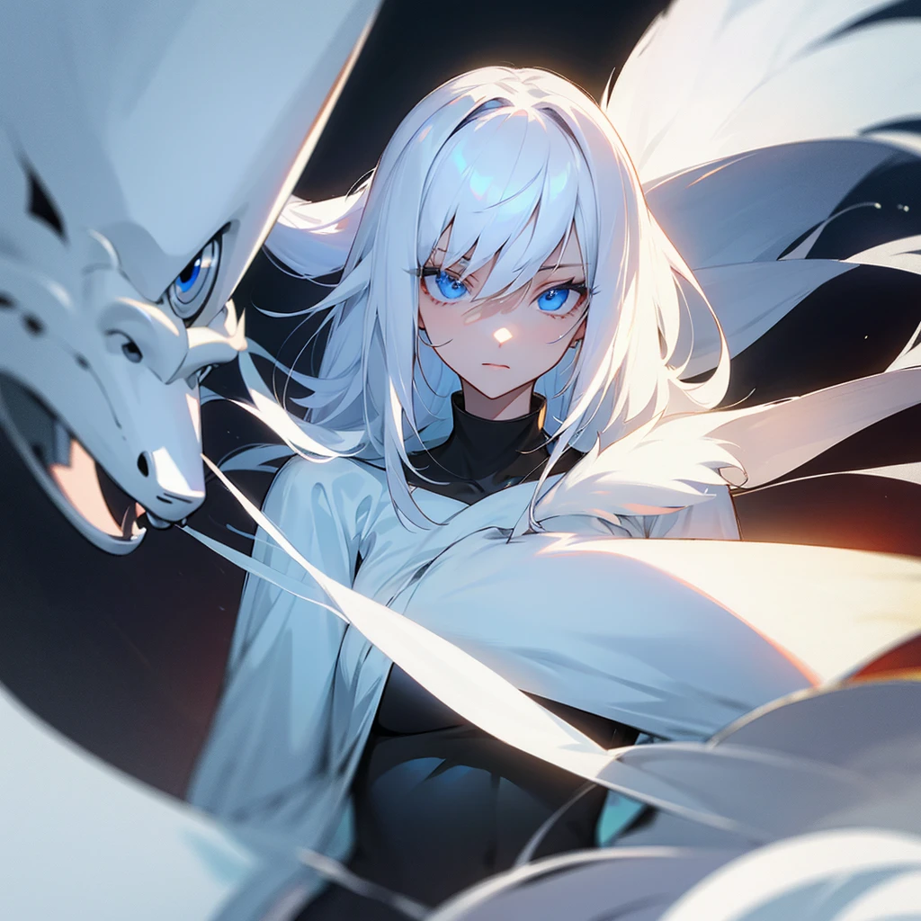 smooth white fur, slim, black locks, light blue eyes, good physique, good face,beautiful, WITHOUT EARS