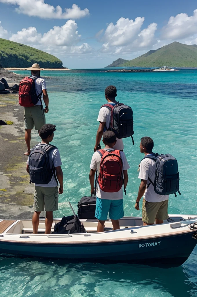 Farewell to the Island:
A final image of the four men with backpacks looking at the island from the boat