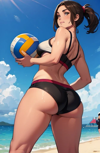 A girl on the beach playing volleyball with her friends on a sunny day. The girl has a well defined body, thick-thighs, big and firm ass. She is wearing short black shorts and a white bikini top.. She is quite sweaty, but he has a satisfied face.