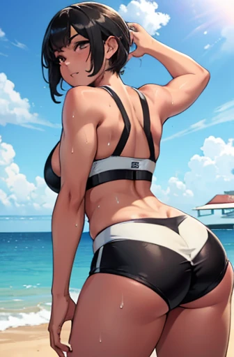 A girl on the beach playing volleyball with her friends on a sunny day. The girl has a well defined body, thick-thighs, big and firm ass. She is wearing short black shorts and a white bikini top.. She is quite sweaty, but he has a satisfied face.