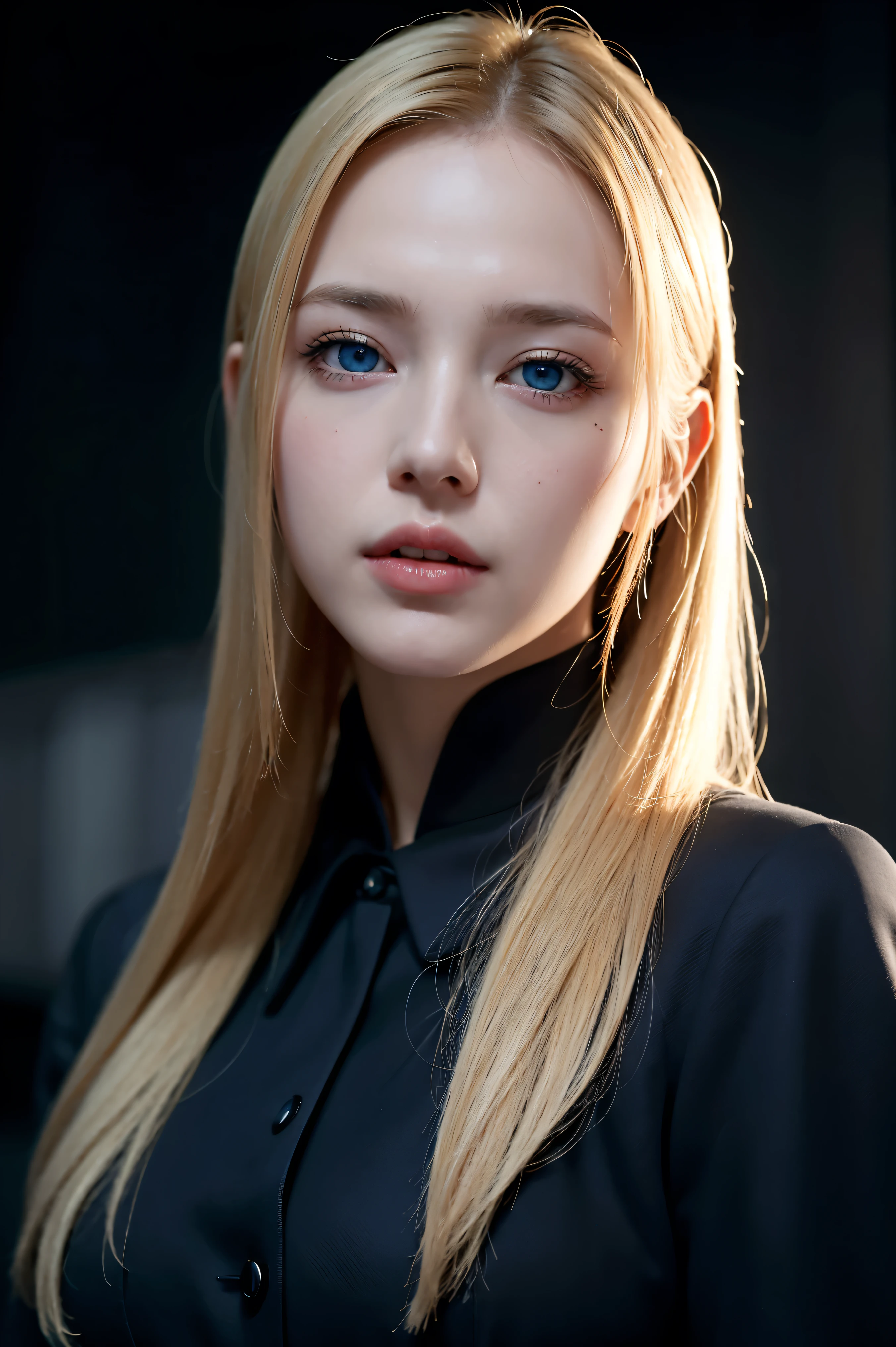 best quality, masterpiece, ultra high resolution, (realistic:1.4), raw photo, 1 woman, blonde hair, blue eyes, Eyes and face are detailed, black suit, dynamic lighting, in the dark, deep shadows, low key, Cowboy Shot Telegraph