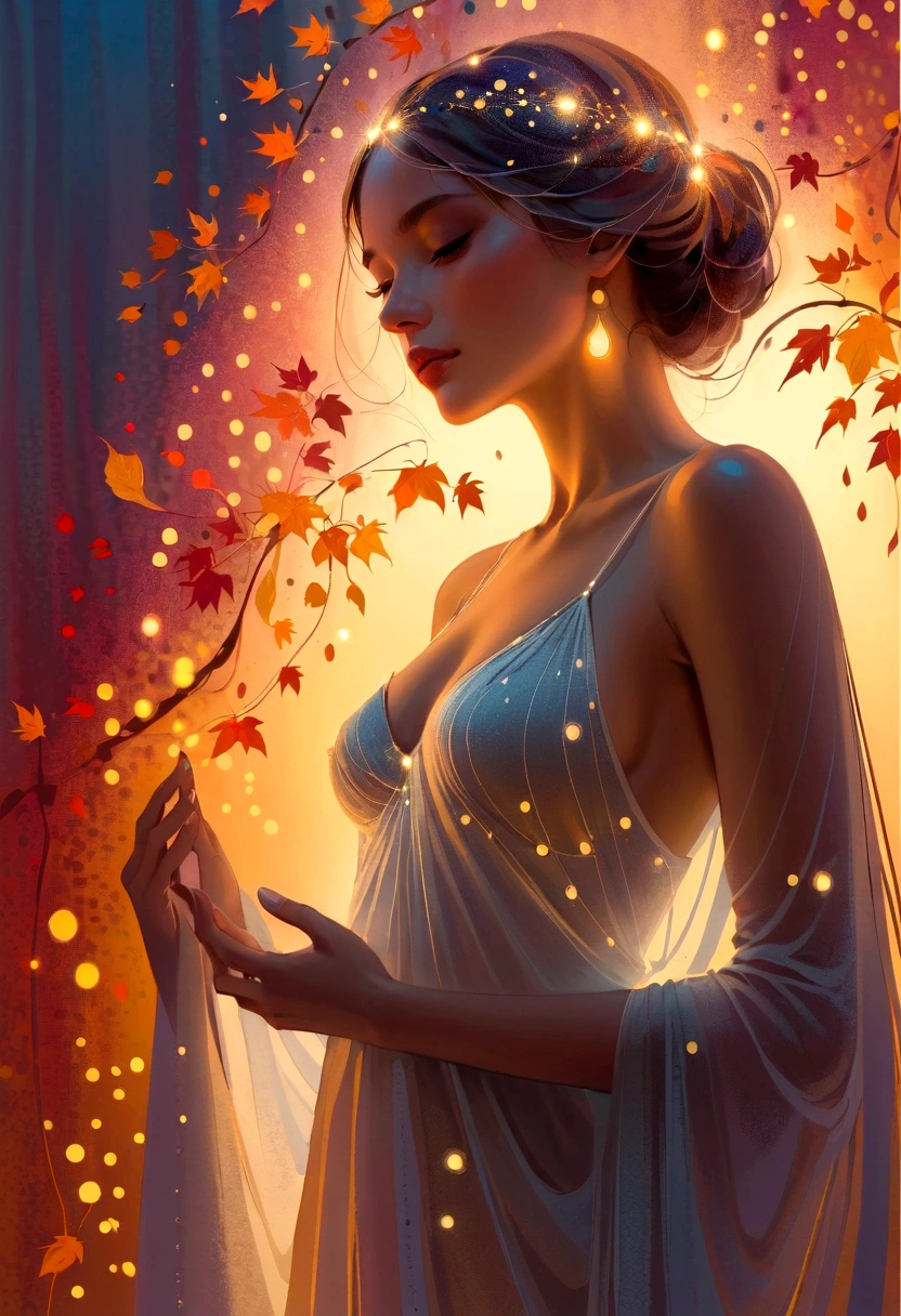 woman, Luminous design, Soft colors, Ink Drops, Autumn Lights, Signed by the artist