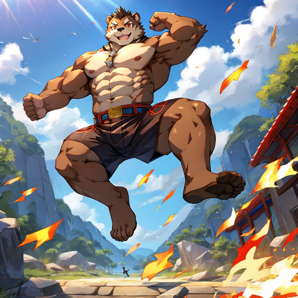 light brown otter man、muscular torso、Jumping pose、、itachi's face、a white bikini、Small face、Amazing abs、dented belly、Detailed body hair、profile、full nude、Angry look、large amount of chest hair、large amount of belly hair、large amount of armpit hair、black eyes、sharp claws, white big fang、Composition looking up from directly below、crotch like a huge ball、round bulging crotch、Milk is being poured on the crotch、Lower the corners of the mouth、the whole body is wet、Mass sweat、large tongue、Heavy drool、Italy background、White breath